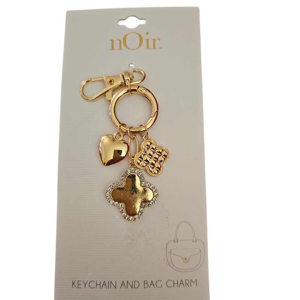 nOir Jewelry Gold Heart and Clover Bag Charm / Keychain - Picture 1 of 1